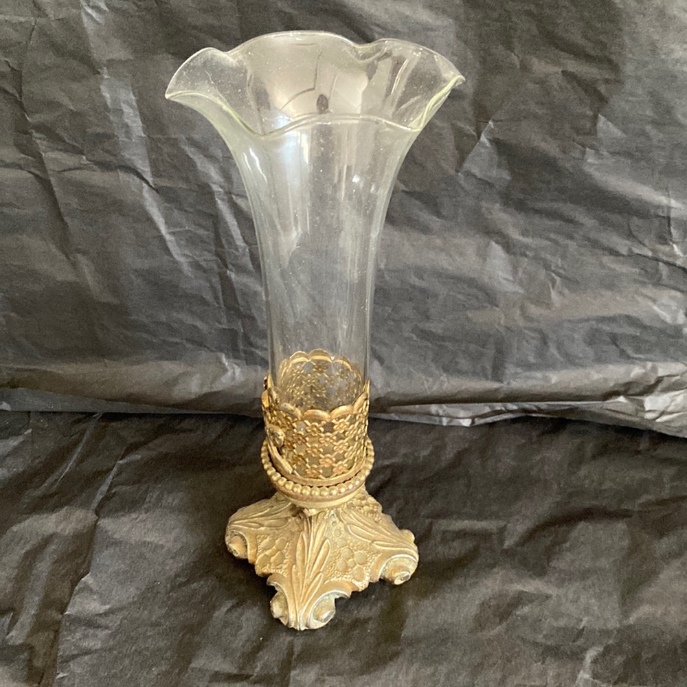Vintage Brass base with glass bud vase 9”